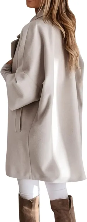 Womens 3/4 Sleeve Notched Lapel Collar Double Breasted Coat Winter Wool Blend Over Coats Long Jacket Woman
