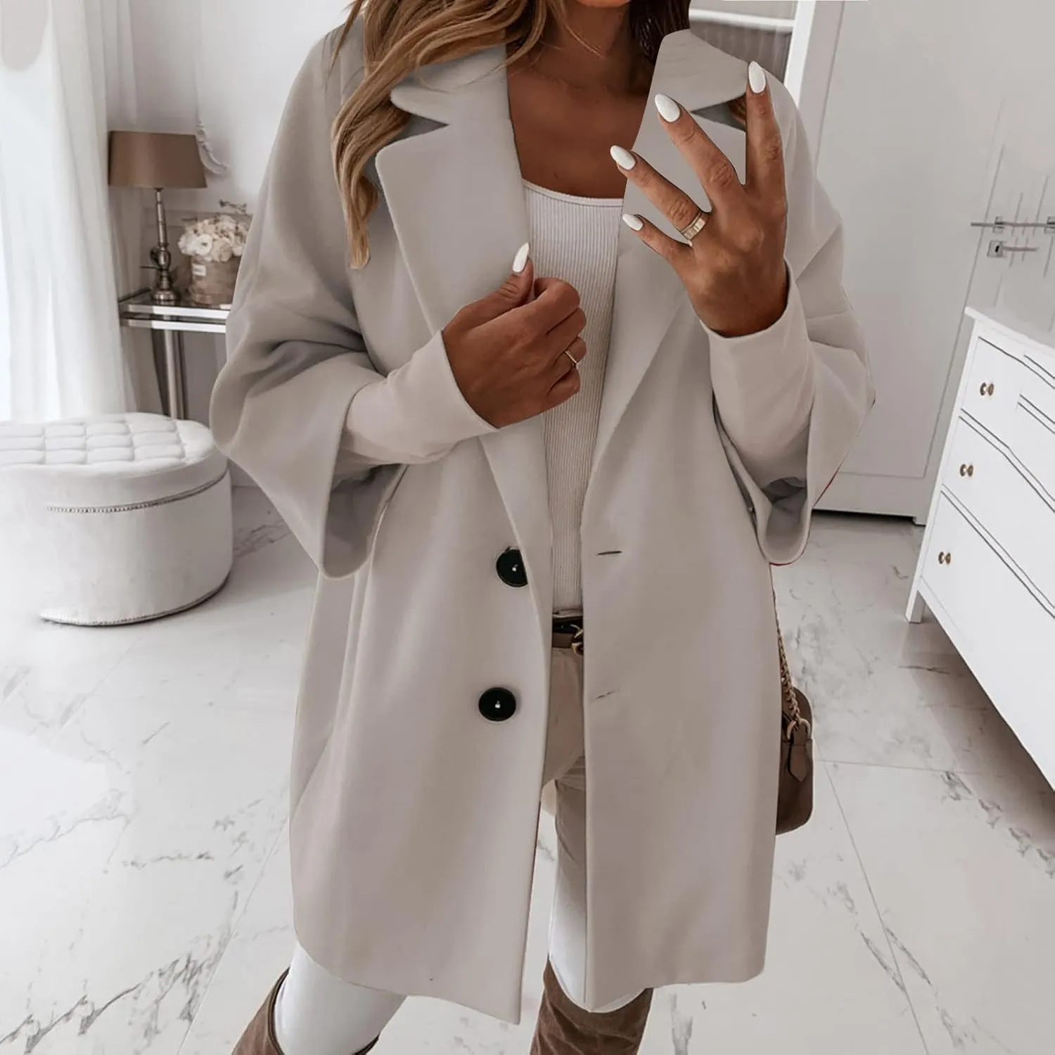 Womens 3/4 Sleeve Notched Lapel Collar Double Breasted Coat Winter Wool Blend Over Coats Long Jacket Woman