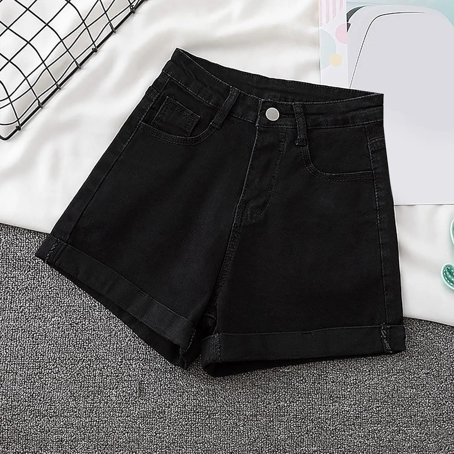 Women's A Line Wide-Leg Jean Shorts High Waisted Baggy Folded Hem Denim Shorts Comfy Loose Summer Beach Casual Short