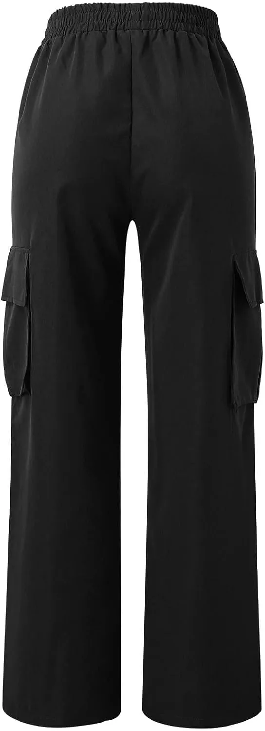 Women's Belt Less High Waisted Straight Leg Trousers Relaxed Style Casual Trousers Cargo Pants with Pockets