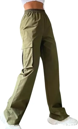 Women's Belt Less High Waisted Straight Leg Trousers Relaxed Style Casual Trousers Cargo Pants with Pockets