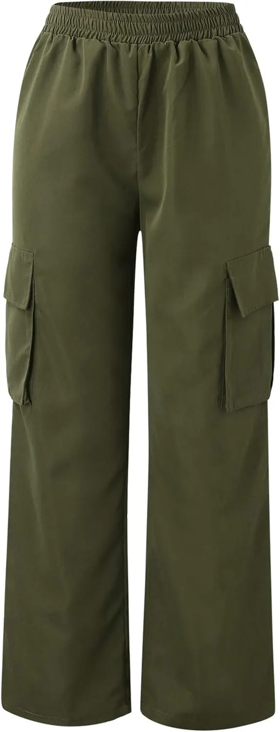 Women's Belt Less High Waisted Straight Leg Trousers Relaxed Style Casual Trousers Cargo Pants with Pockets