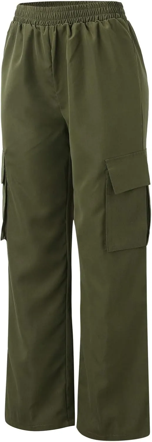 Women's Belt Less High Waisted Straight Leg Trousers Relaxed Style Casual Trousers Cargo Pants with Pockets