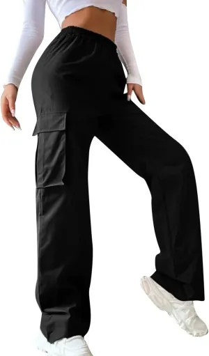 Women's Belt Less High Waisted Straight Leg Trousers Relaxed Style Casual Trousers Cargo Pants with Pockets