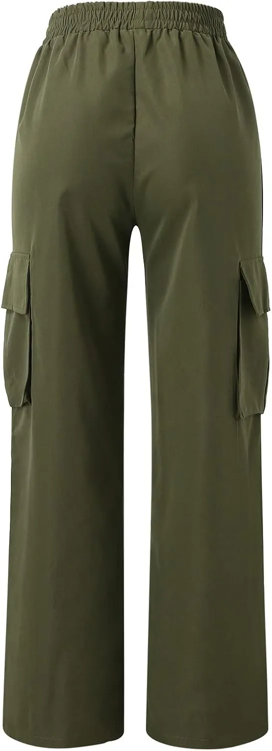 Women's Belt Less High Waisted Straight Leg Trousers Relaxed Style Casual Trousers Cargo Pants with Pockets
