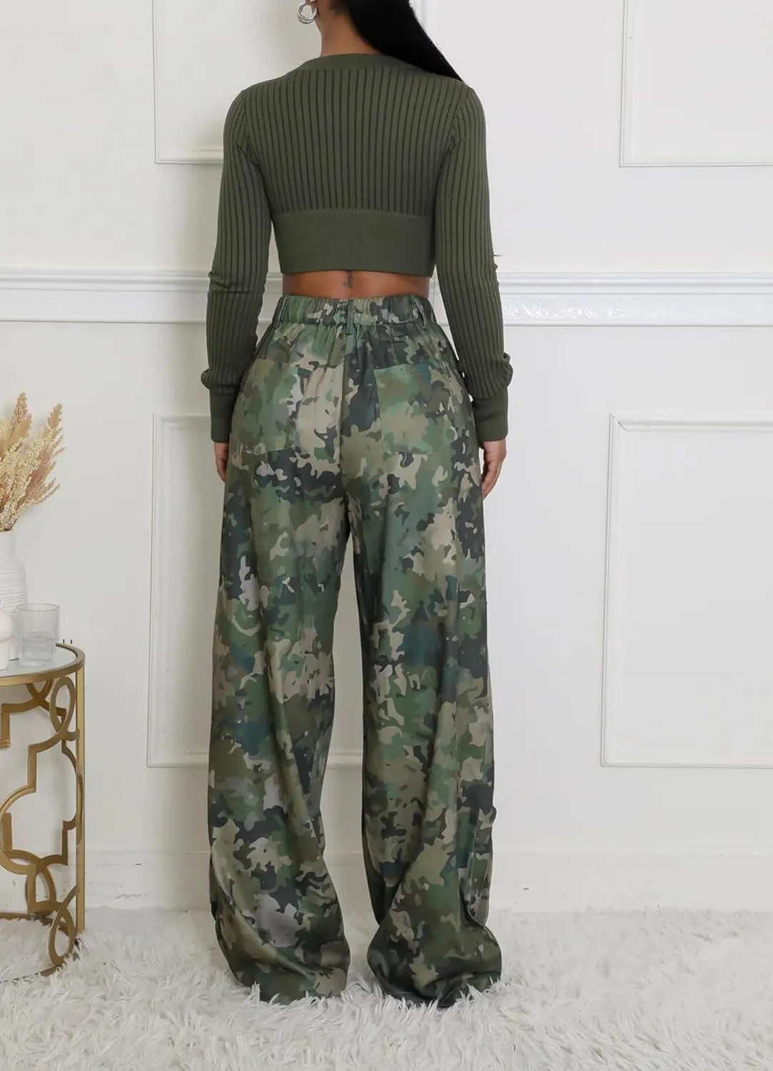 Womens Camo Cargo Pants High Waist Baggy Straight Wide Leg Camouflage Army Fatigue Jean Trousers Pockets Sweatpants