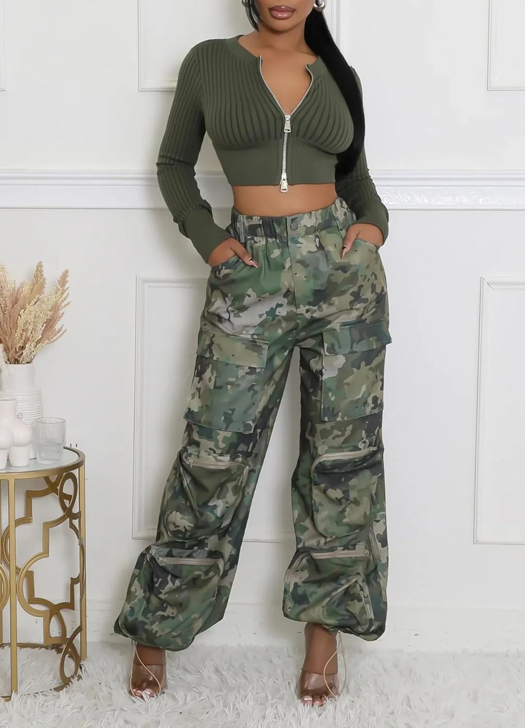 Womens Camo Cargo Pants High Waist Baggy Straight Wide Leg Camouflage Army Fatigue Jean Trousers Pockets Sweatpants