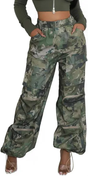 Womens Camo Cargo Pants High Waist Baggy Straight Wide Leg Camouflage Army Fatigue Jean Trousers Pockets Sweatpants