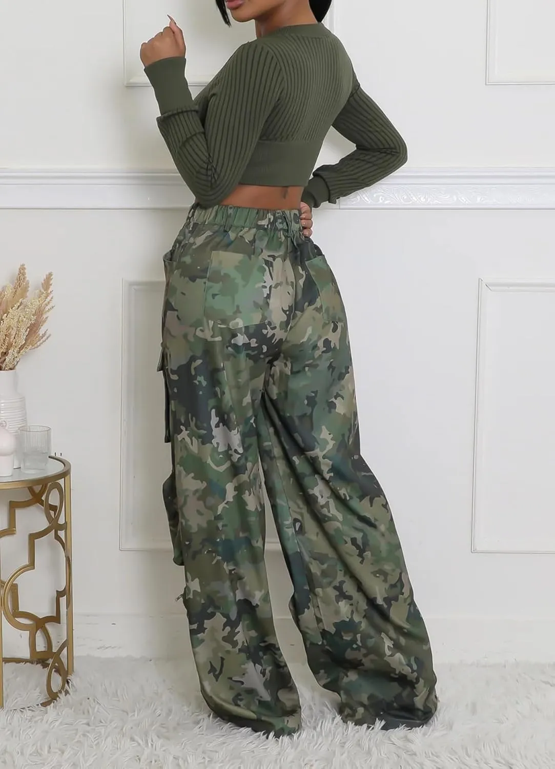 Womens Camo Cargo Pants High Waist Baggy Straight Wide Leg Camouflage Army Fatigue Jean Trousers Pockets Sweatpants