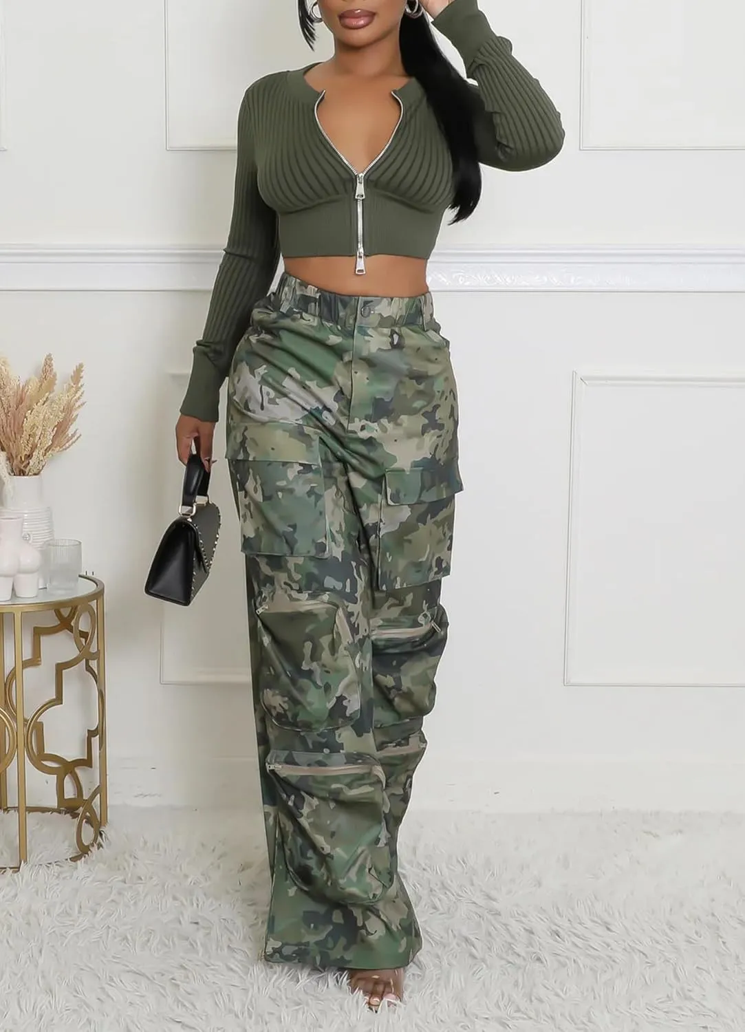 Womens Camo Cargo Pants High Waist Baggy Straight Wide Leg Camouflage Army Fatigue Jean Trousers Pockets Sweatpants