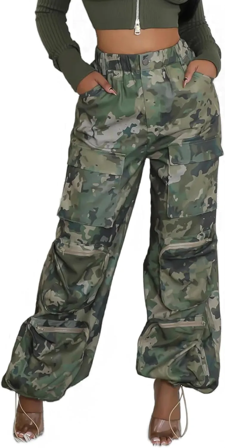 Womens Camo Cargo Pants High Waist Baggy Straight Wide Leg Camouflage Army Fatigue Jean Trousers Pockets Sweatpants