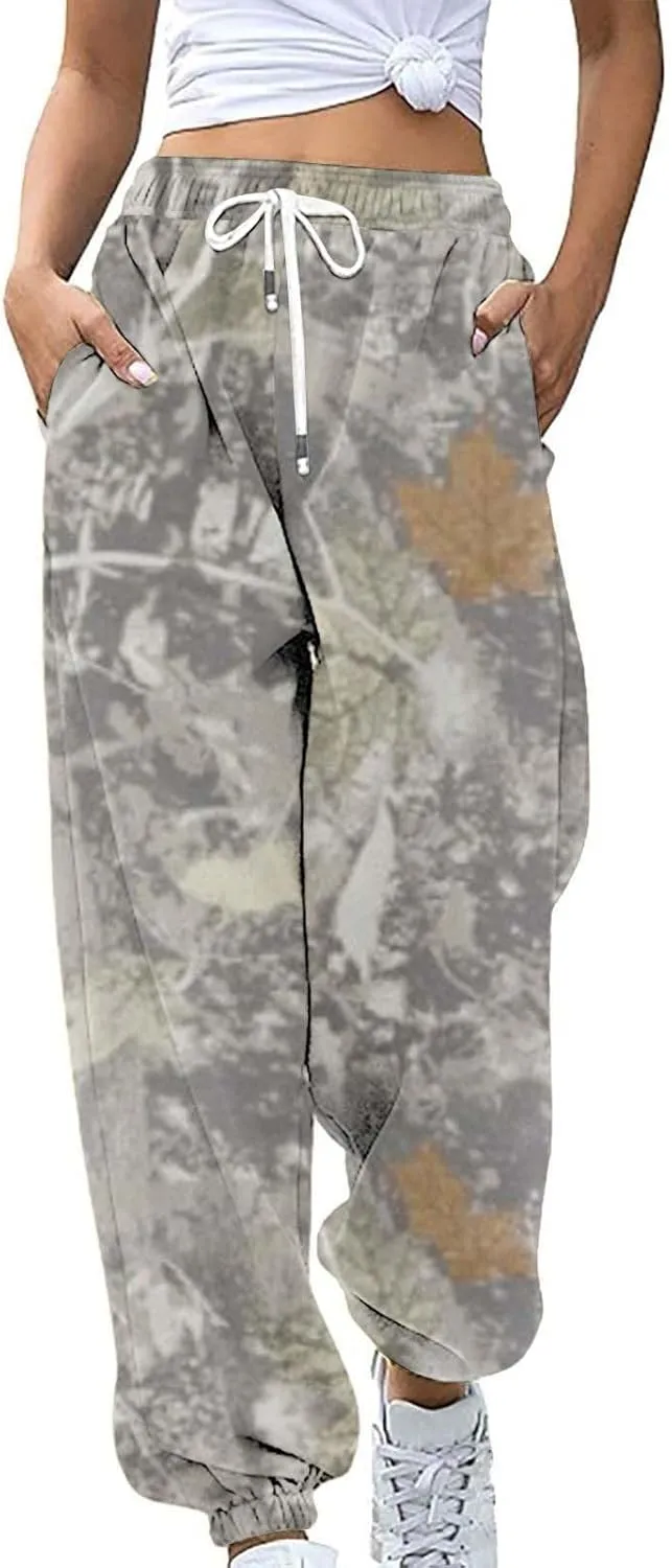 Womens Camo Pants Casual Elastic Waist Wide Leg Pants Lightweight Baggy Sweatpants with Pocket