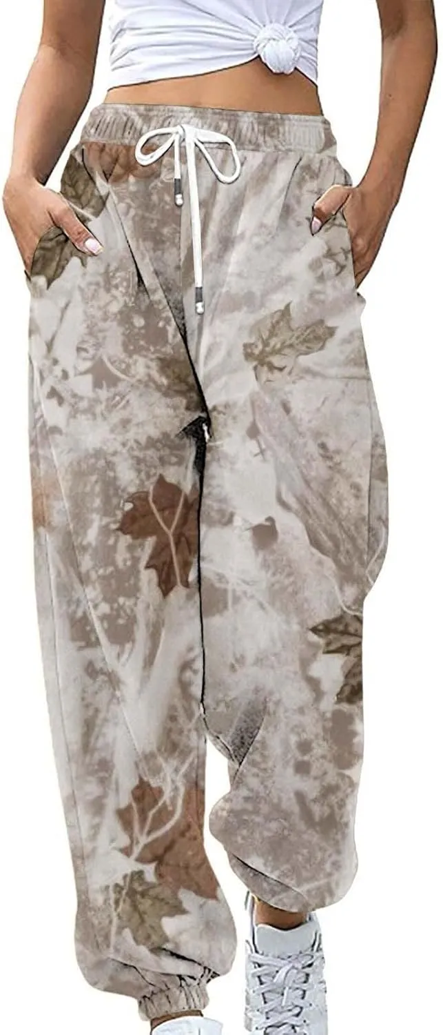 Womens Camo Pants Casual Elastic Waist Wide Leg Pants Lightweight Baggy Sweatpants with Pocket