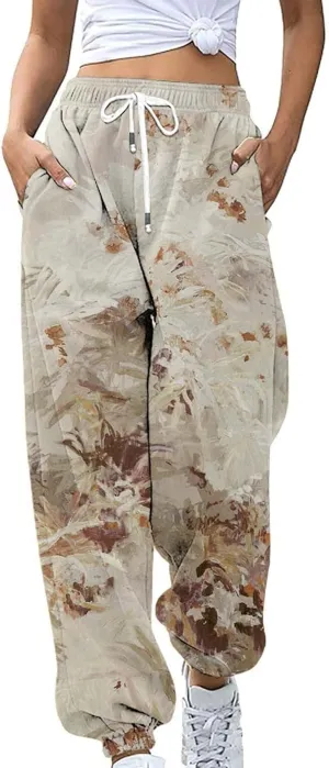 Womens Camo Pants Casual Elastic Waist Wide Leg Pants Lightweight Baggy Sweatpants with Pocket
