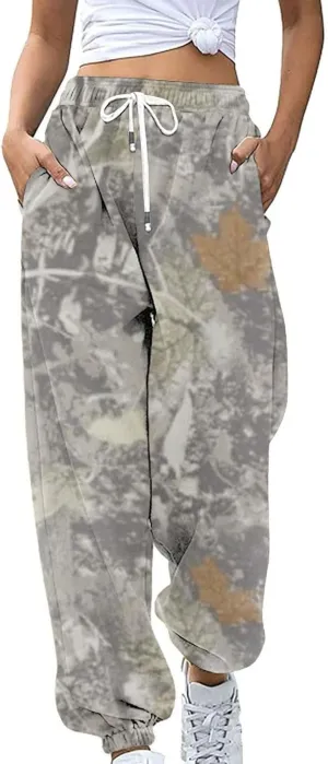 Womens Camo Pants Casual Elastic Waist Wide Leg Pants Lightweight Baggy Sweatpants with Pocket
