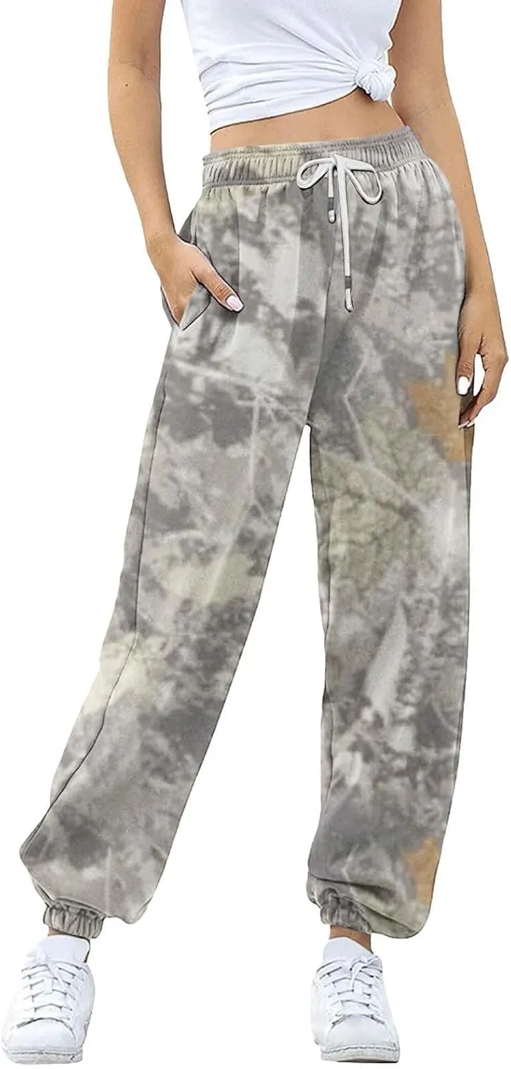 Womens Camo Pants Casual Elastic Waist Wide Leg Pants Lightweight Baggy Sweatpants with Pocket