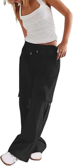 Womens Cargo Pants Casual High Waist Stretch Drawstring Straight Wide Leg Trousers Summer Baggy Trousers with Pockets
