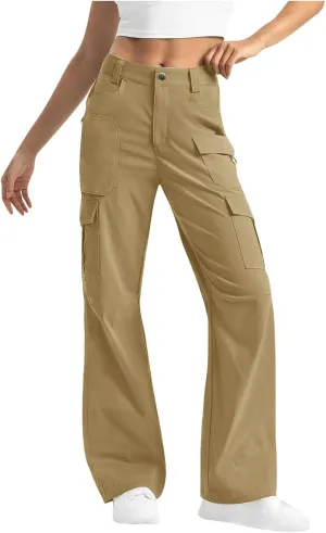 Women's Cargo Work Pants High Waisted Wide Leg Straight Pants Dressy Outdoor Hiking Travel Trousers with Pockets