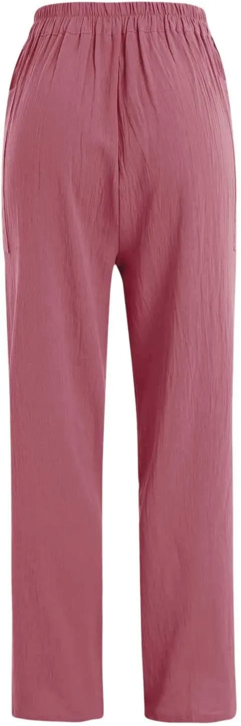 Women's Casual Capri Pants 2025 Trendy High Waist Solid Petite Workout Baggy Straight Leg Trousers with Pockets Beach
