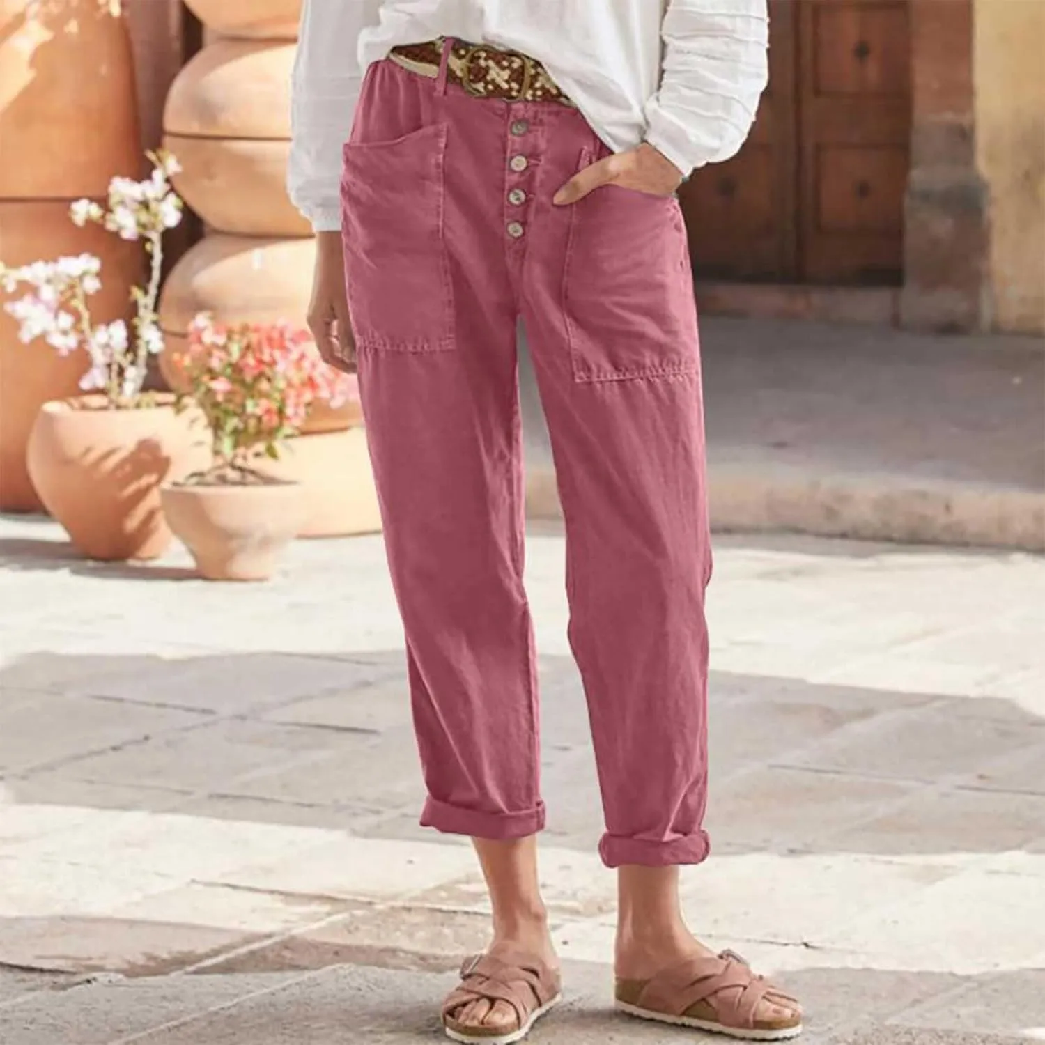 Women's Casual Capri Pants 2025 Trendy High Waist Solid Petite Workout Baggy Straight Leg Trousers with Pockets Beach