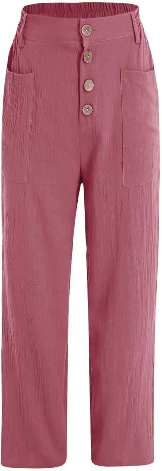 Women's Casual Capri Pants 2025 Trendy High Waist Solid Petite Workout Baggy Straight Leg Trousers with Pockets Beach