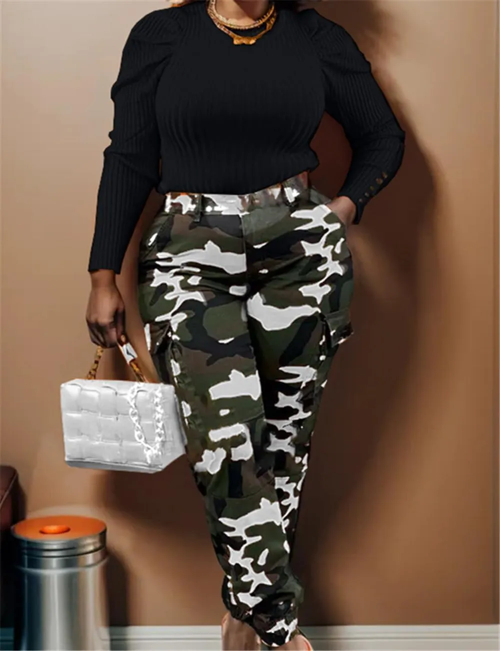 Women's Casual Cargo Camouflage Camo Pants with Pocket