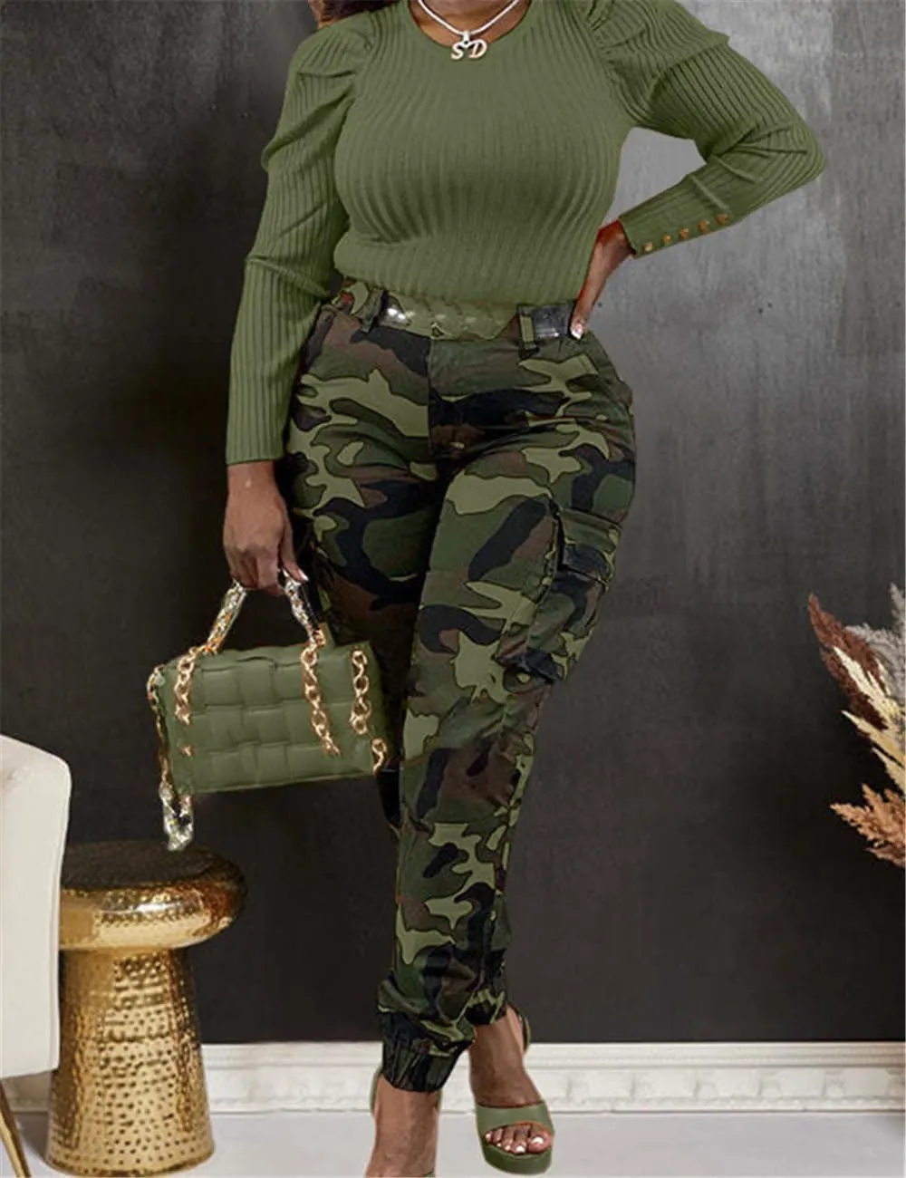 Women's Casual Cargo Camouflage Camo Pants with Pocket