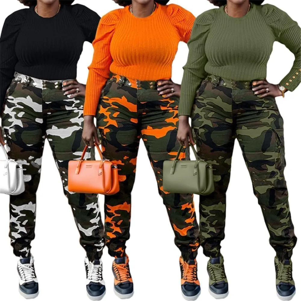 Women's Casual Cargo Camouflage Camo Pants with Pocket