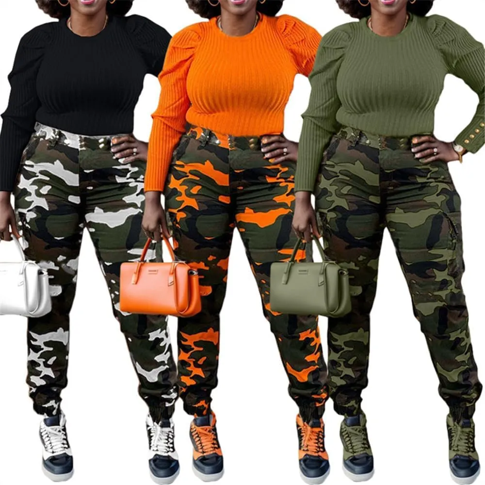 Women's Casual Cargo Camouflage Camo Pants with Pocket