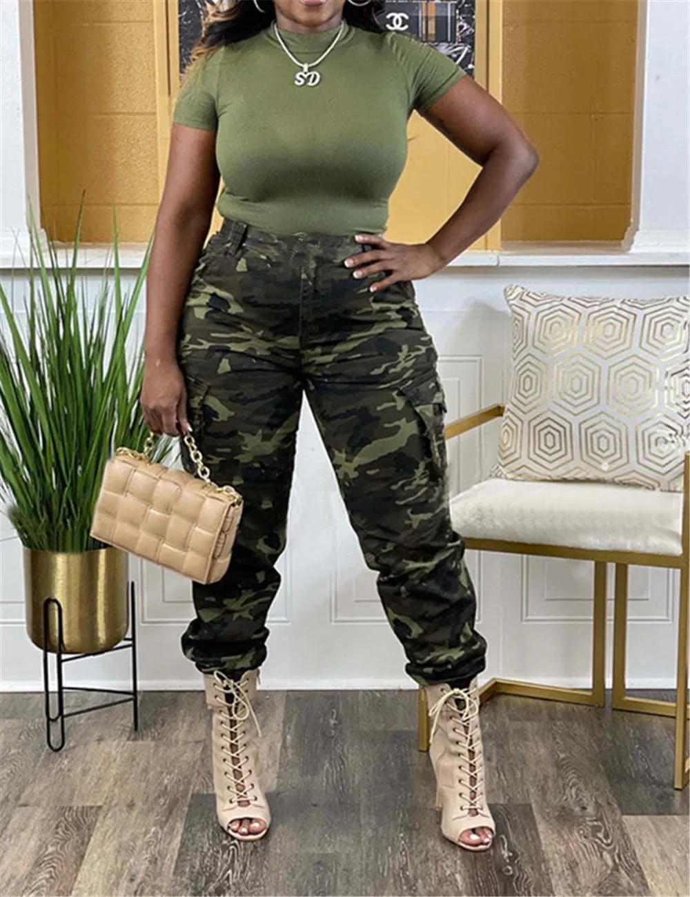Women's Casual Cargo Camouflage Camo Pants with Pocket
