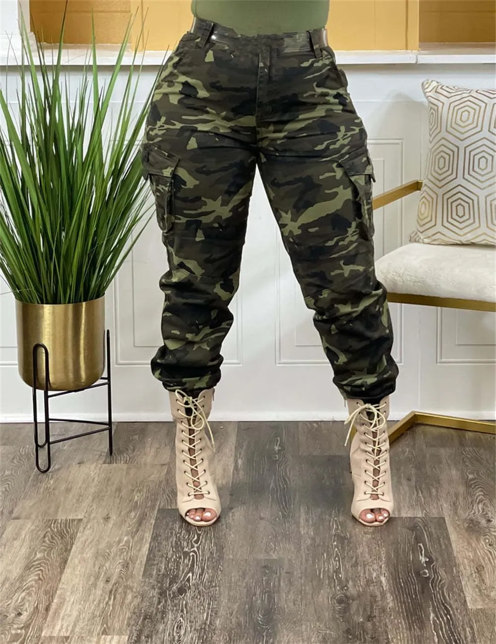 Women's Casual Cargo Camouflage Camo Pants with Pocket