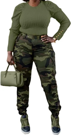 Women's Casual Cargo Camouflage Camo Pants with Pocket