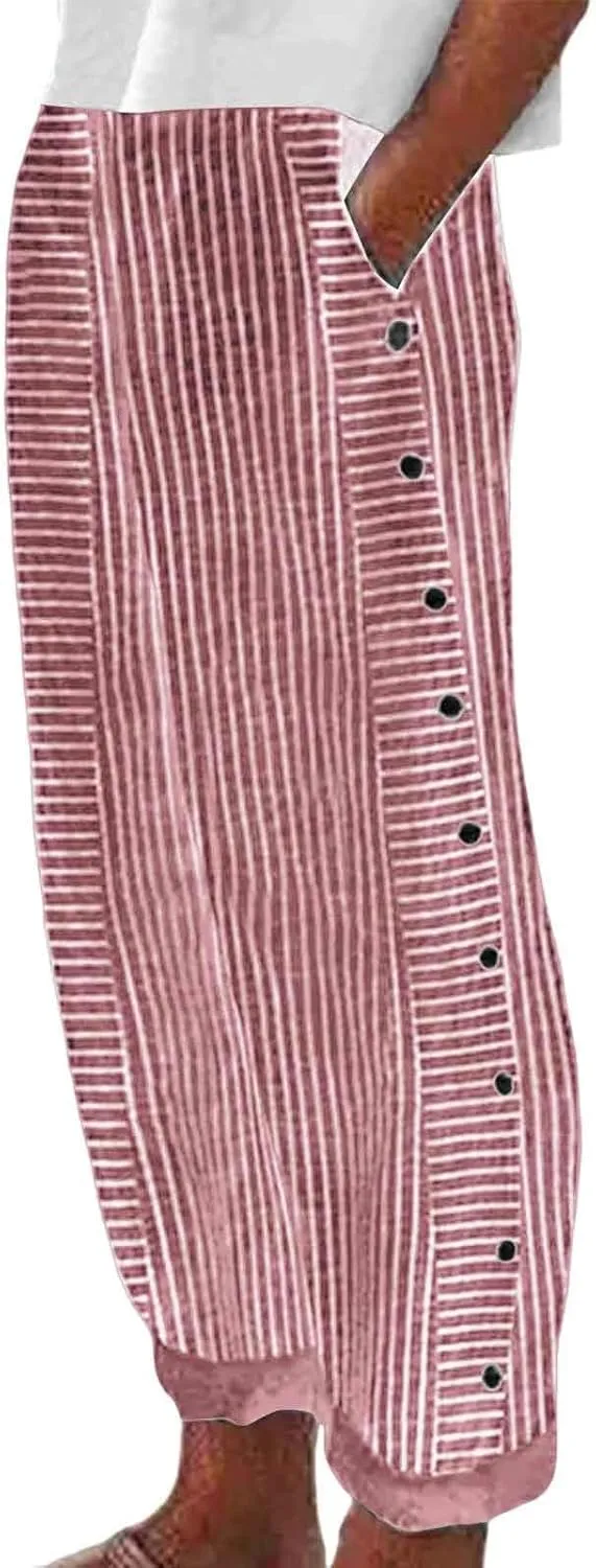 Women's Casual Pants Striped Side Button Elastic Waisted Trendy Capri Pants Straight Leg Baggy Trousers with Pockets