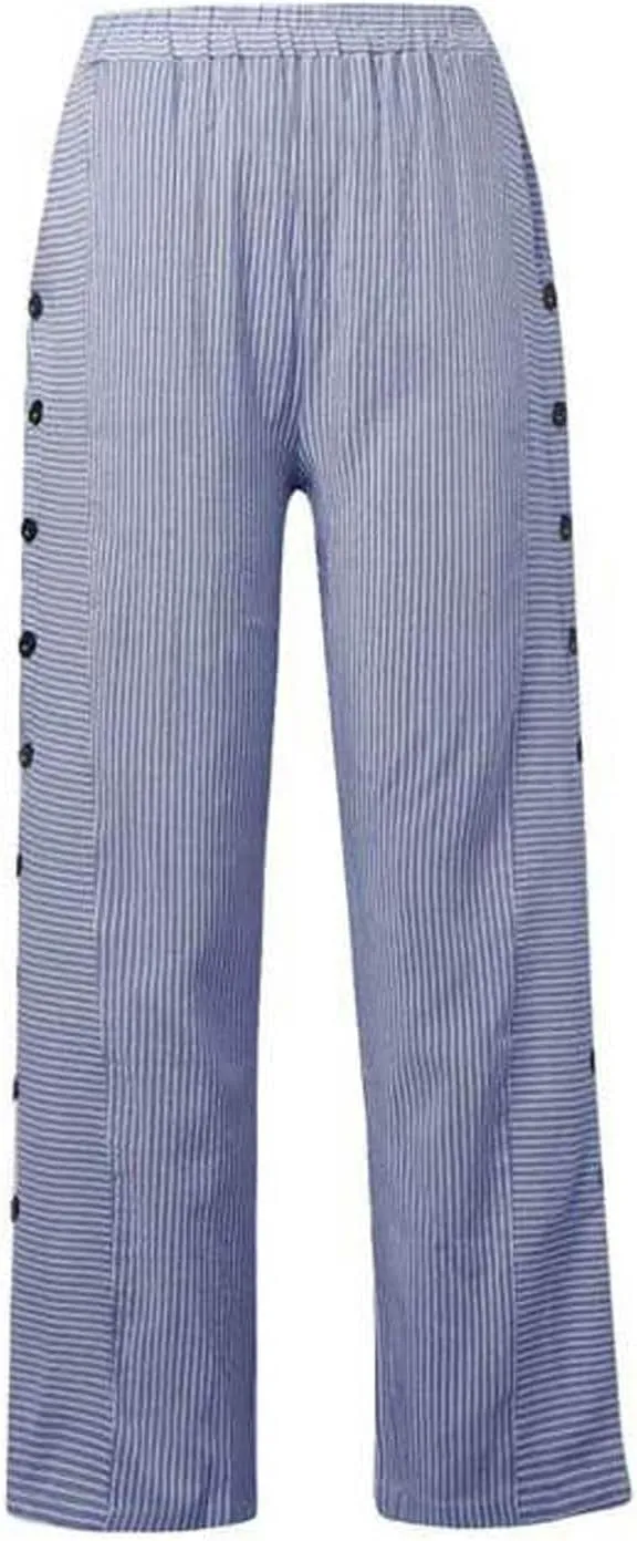Women's Casual Pants Striped Side Button Elastic Waisted Trendy Capri Pants Straight Leg Baggy Trousers with Pockets