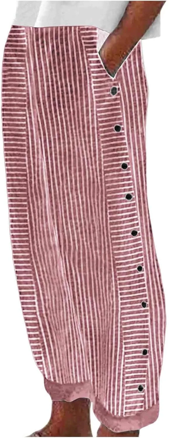Women's Casual Pants Striped Side Button Elastic Waisted Trendy Capri Pants Straight Leg Baggy Trousers with Pockets
