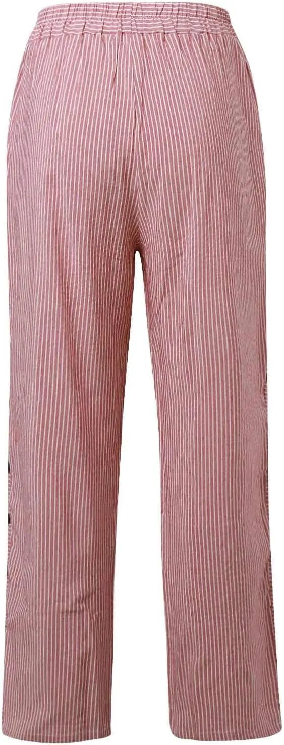 Women's Casual Pants Striped Side Button Elastic Waisted Trendy Capri Pants Straight Leg Baggy Trousers with Pockets