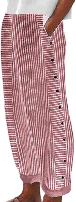 Women's Casual Pants Striped Side Button Elastic Waisted Trendy Capri Pants Straight Leg Baggy Trousers with Pockets