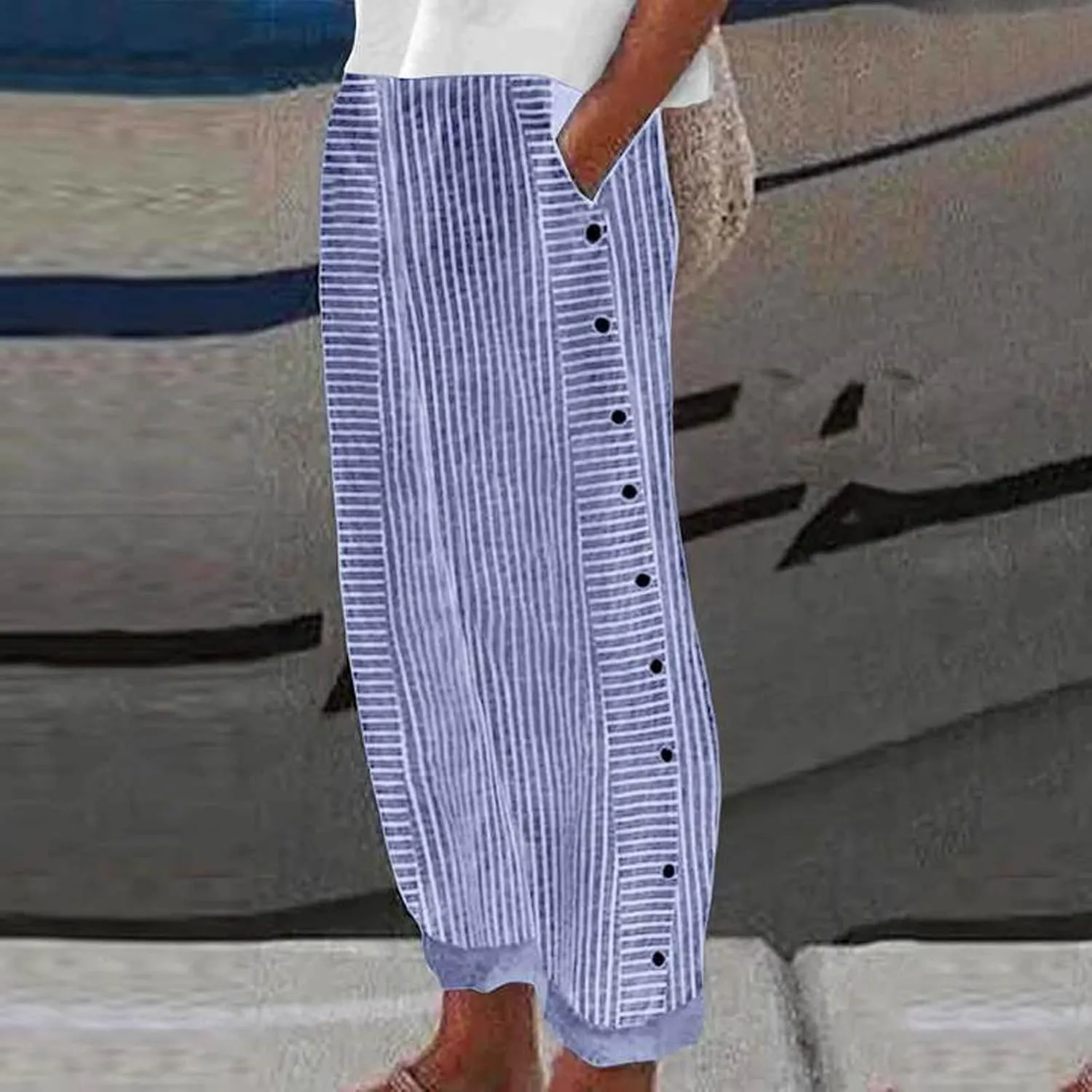 Women's Casual Pants Striped Side Button Elastic Waisted Trendy Capri Pants Straight Leg Baggy Trousers with Pockets