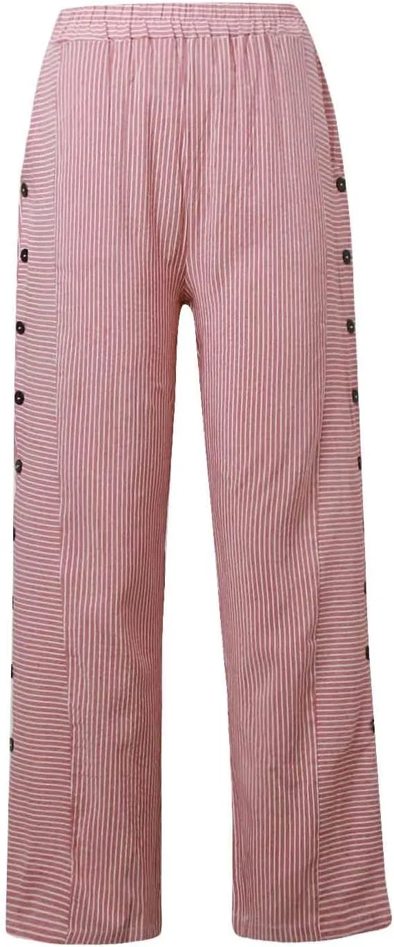 Women's Casual Pants Striped Side Button Elastic Waisted Trendy Capri Pants Straight Leg Baggy Trousers with Pockets