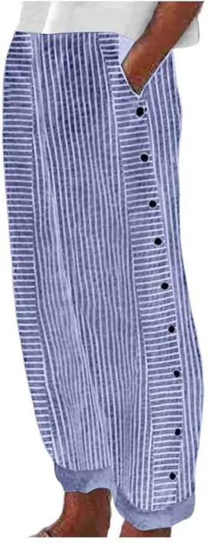 Women's Casual Pants Striped Side Button Elastic Waisted Trendy Capri Pants Straight Leg Baggy Trousers with Pockets