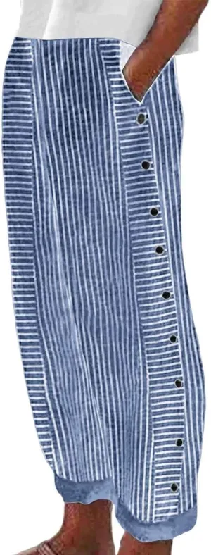 Women's Casual Pants Striped Side Button Elastic Waisted Trendy Capri Pants Straight Leg Baggy Trousers with Pockets