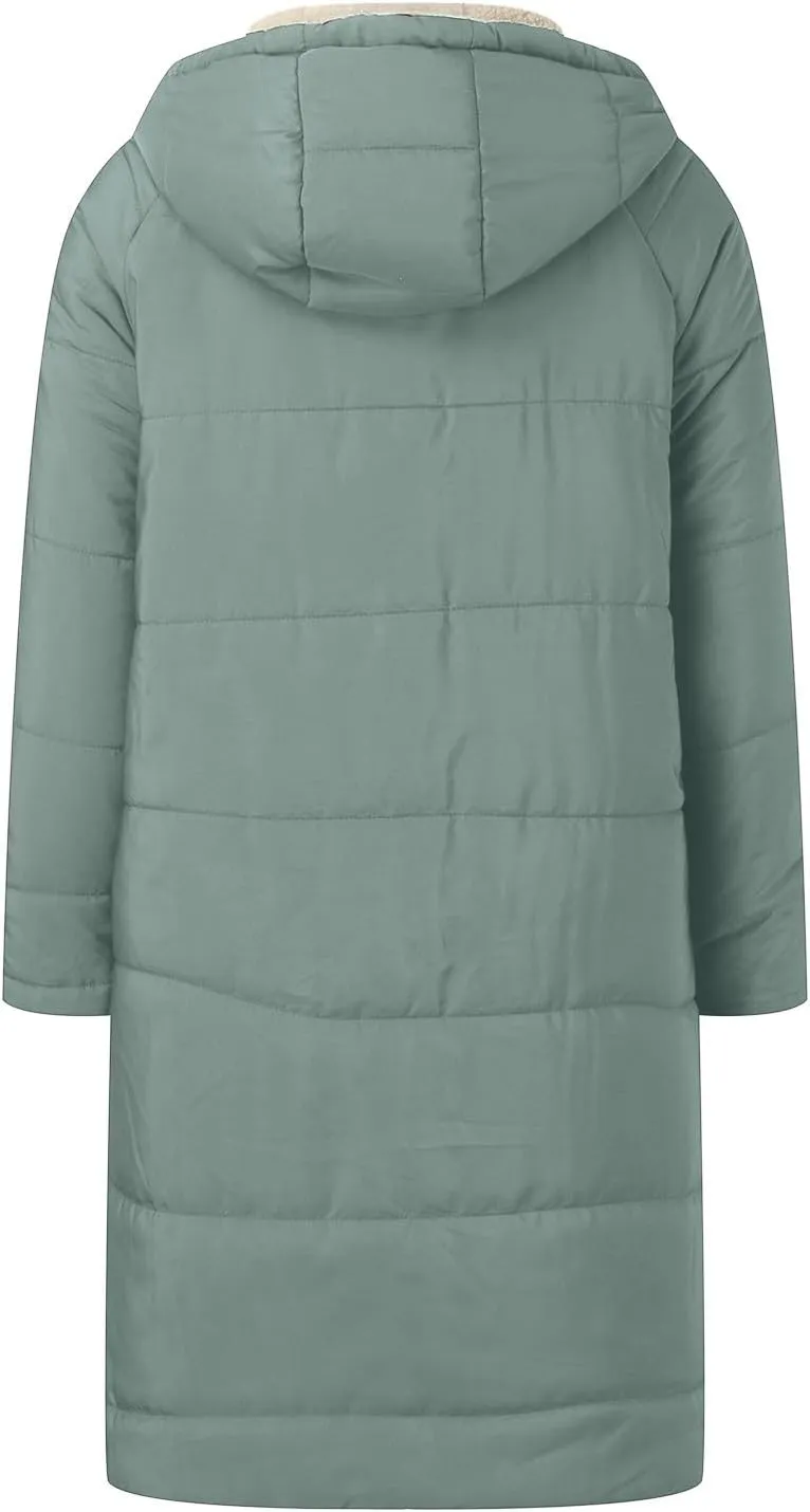 Womens Casual Quilted Zipper Fleece Coat Long Sleeve Hooded Warm Puffer Coat Loose Soft Fit Down Coat Outdoor Outfits