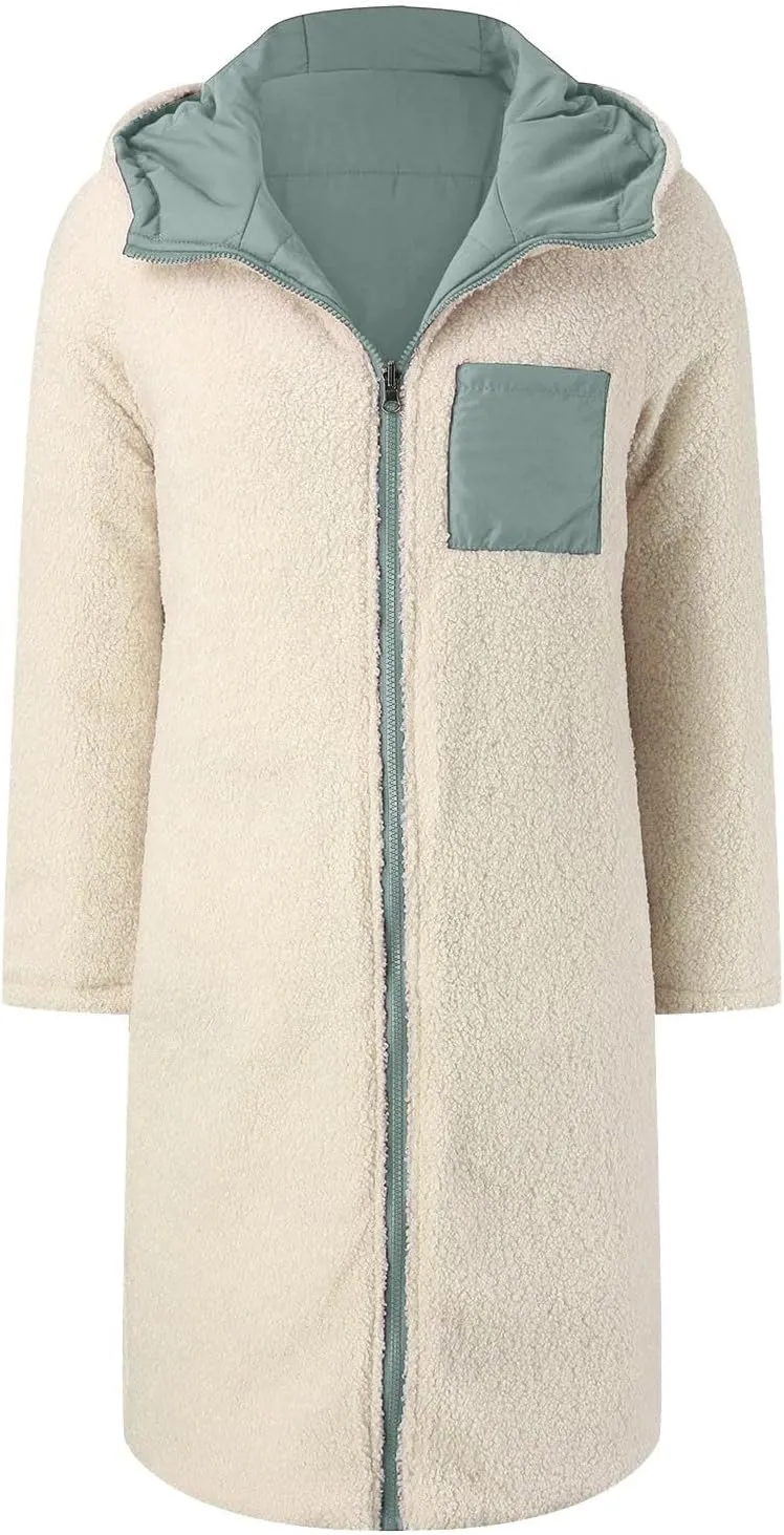 Womens Casual Quilted Zipper Fleece Coat Long Sleeve Hooded Warm Puffer Coat Loose Soft Fit Down Coat Outdoor Outfits
