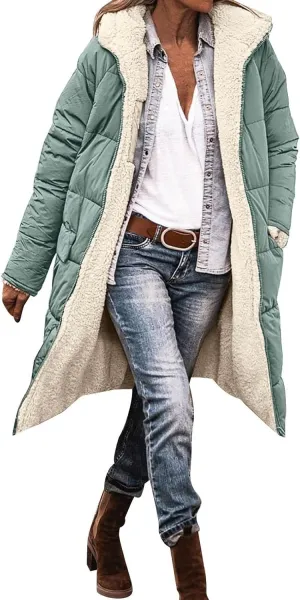 Womens Casual Quilted Zipper Fleece Coat Long Sleeve Hooded Warm Puffer Coat Loose Soft Fit Down Coat Outdoor Outfits