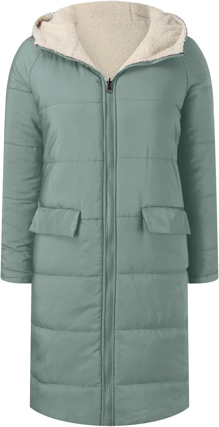 Womens Casual Quilted Zipper Fleece Coat Long Sleeve Hooded Warm Puffer Coat Loose Soft Fit Down Coat Outdoor Outfits