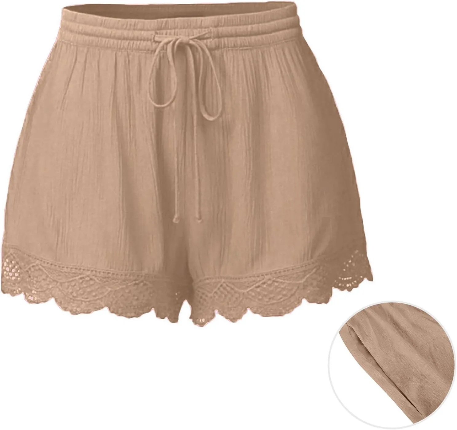 Women's Casual Shorts with Pockets Lace Trim Front Pleated Drawstring Stylish Comfortable Loose Fitting Summer Pants