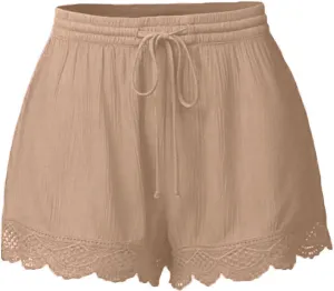 Women's Casual Shorts with Pockets Lace Trim Front Pleated Drawstring Stylish Comfortable Loose Fitting Summer Pants