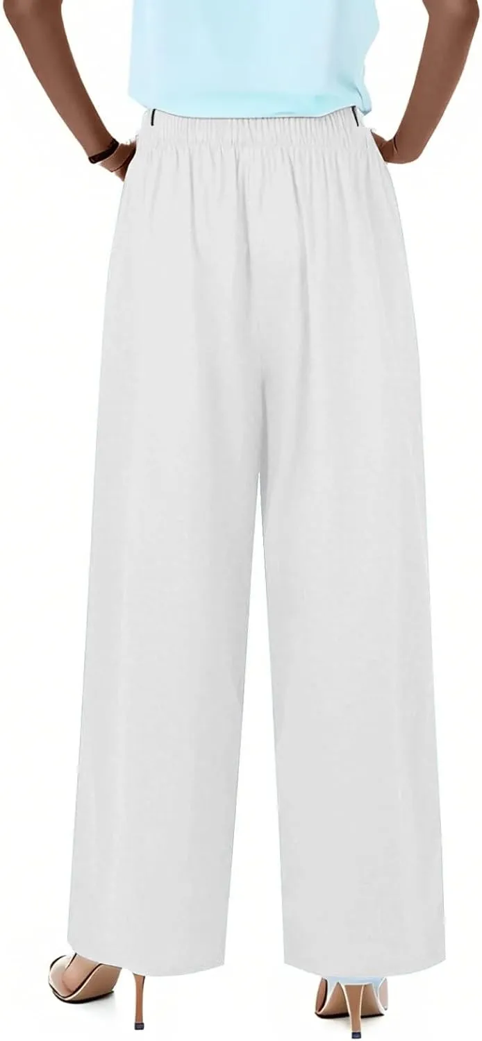 Womens Cotton Linen Pants Summer Wide Leg Palazzo Pants Flowy Beach Lounge Trousers Comfy Loose Slacks