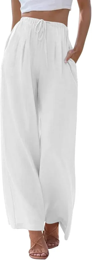 Womens Cotton Linen Pants Summer Wide Leg Palazzo Pants Flowy Beach Lounge Trousers Comfy Loose Slacks