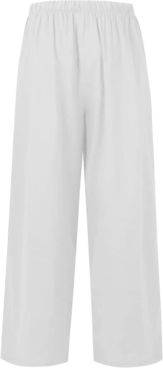Womens Cotton Linen Pants Summer Wide Leg Palazzo Pants Flowy Beach Lounge Trousers Comfy Loose Slacks